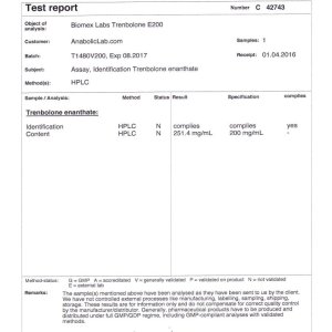 Biomex Labs Trenbolone E200 lab report (April 14, 2016)