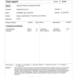 Valkyrie Pharma Trenbolone E200 lab test report (April 14, 2016)