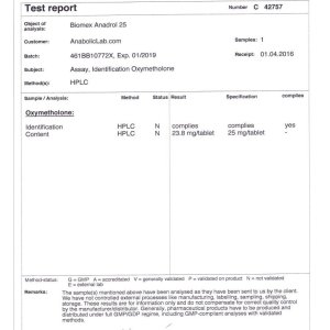 Biomex Labs Anadrol 25 lab report (April 27, 2016)