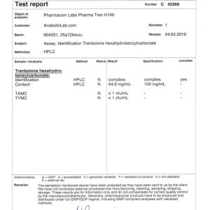 Pharmacom Labs PHARMA Tren H100 lab report (May 27, 2016)