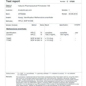 Valkyrie Pharma Primobolan 100 lab report (September 26, 2016)