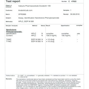 Valkyrie Pharma Durabolin 100 lab report (September 30, 2016)