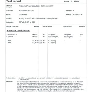 Valkyrie Pharmaceutical Boldenone 250 lab report (October 31, 2016)