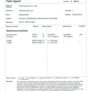 Pharmacom Labs PHARMA Prim 100 lab report (November 17, 2016)