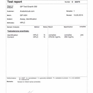 Geneza Pharma GP Test Enanth 250 lab report (June 2, 2015)