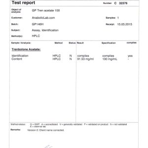 Geneza Pharma GP Tren Acetate 100 lab report (June 2, 2015)