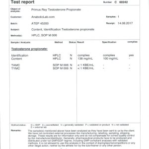 Primus Ray Laboratories Testosterone Propionate lab report (September 15, 2017)