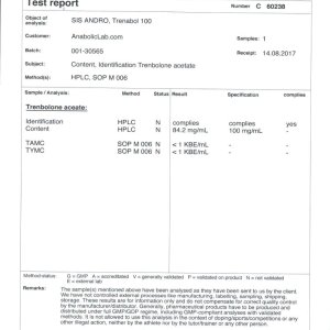 SIS Laboratories ANDRO Trenabol 100 lab report (September 15, 2017)