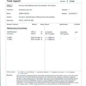 Primus Ray Laboratories Methenolone Enanthate lab report (October 19, 2017)