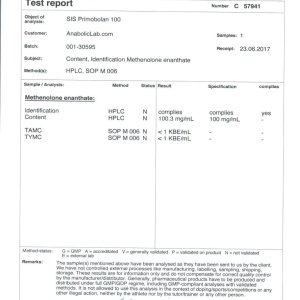 SIS Laboratories Primobolan 100 lab report (October 19, 2017)