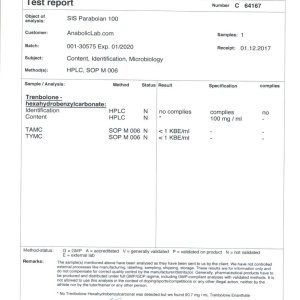 SIS Laboratories Parabolan 100 lab report (January 16, 2018)