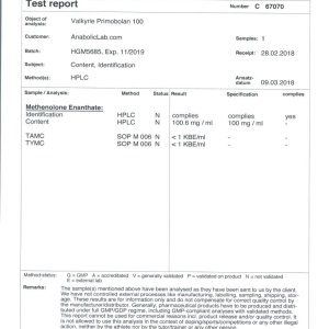 Valkyrie Pharma Primobolan 100 lab report (March 14, 2018)