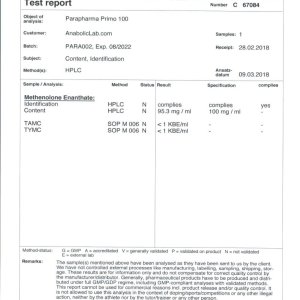 ParaPharma Primo 100 lab report (March 14, 2018)