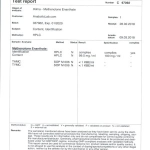 Hilma BioCare Methenolone Enanthate lab report (March 14, 2018)