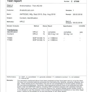 Andromedica Tren-AQ 50 lab report (April 3, 2018)