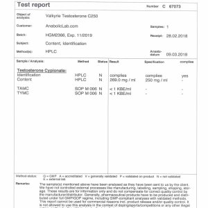 Valkyrie Pharmaceutical Testosterone C250 lab report (March 27, 2018)