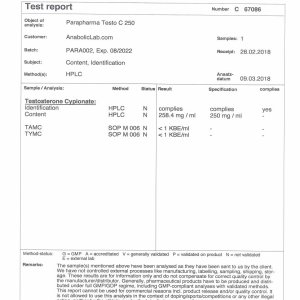 ParaPharma Testo C 250 lab report (March 27, 2018)