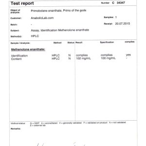 Primo of the Gods Primobolan Enanthate lab report (August 10, 2015)