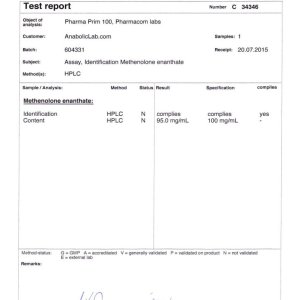 Pharmacom Labs PHARMA Prim 100 lab report (August 10, 2015)