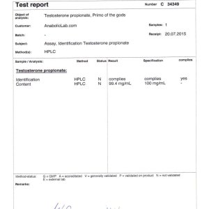 Primo of the Gods Testosterone Propionate lab report (August 10, 2015)