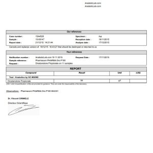 Pharmacom Labs PHARMA Dro P100 lab report (December 21, 2015)