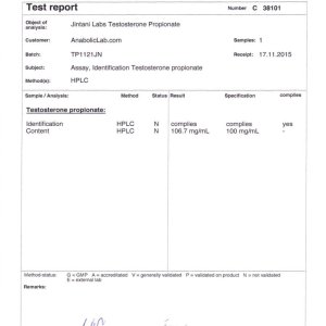 Jintani Labs Testosterone Propionate lab report (December 21, 2015)