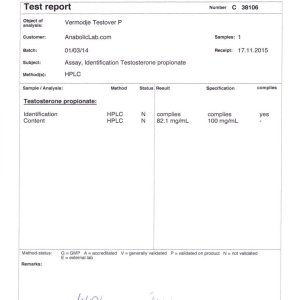 Vermodje Testosterone Propionate lab report (December 21, 2015)