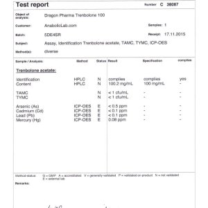 Dragon Pharma Trenbolone 100 lab report (January 21, 2016)