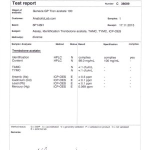 Geneza Pharma GP Tren Acetate 100 lab report (January 21, 2016)