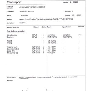 Jintani Labs Trenbolone Acetate lab report (January 21, 2016)