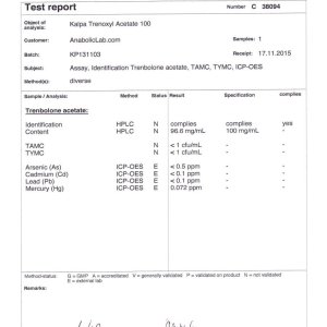 Kalpa Pharma Trenboxyl Acetate 100 lab report (January 21, 2016)