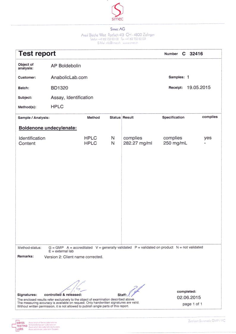 Alpha Pharma Boldebolin lab report (June 2, 2015)