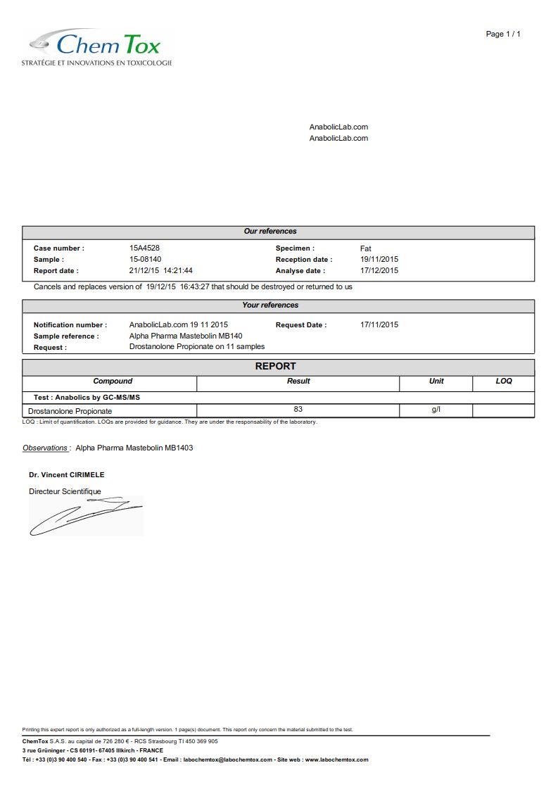 Alpha Pharma Mastebolin lab report (December 21, 2015)