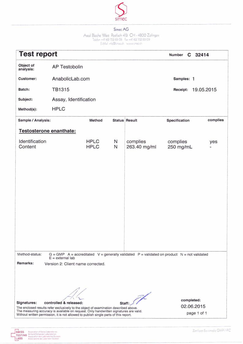 Alpha Pharma Testobolin Lab Report (June 2, 2015)