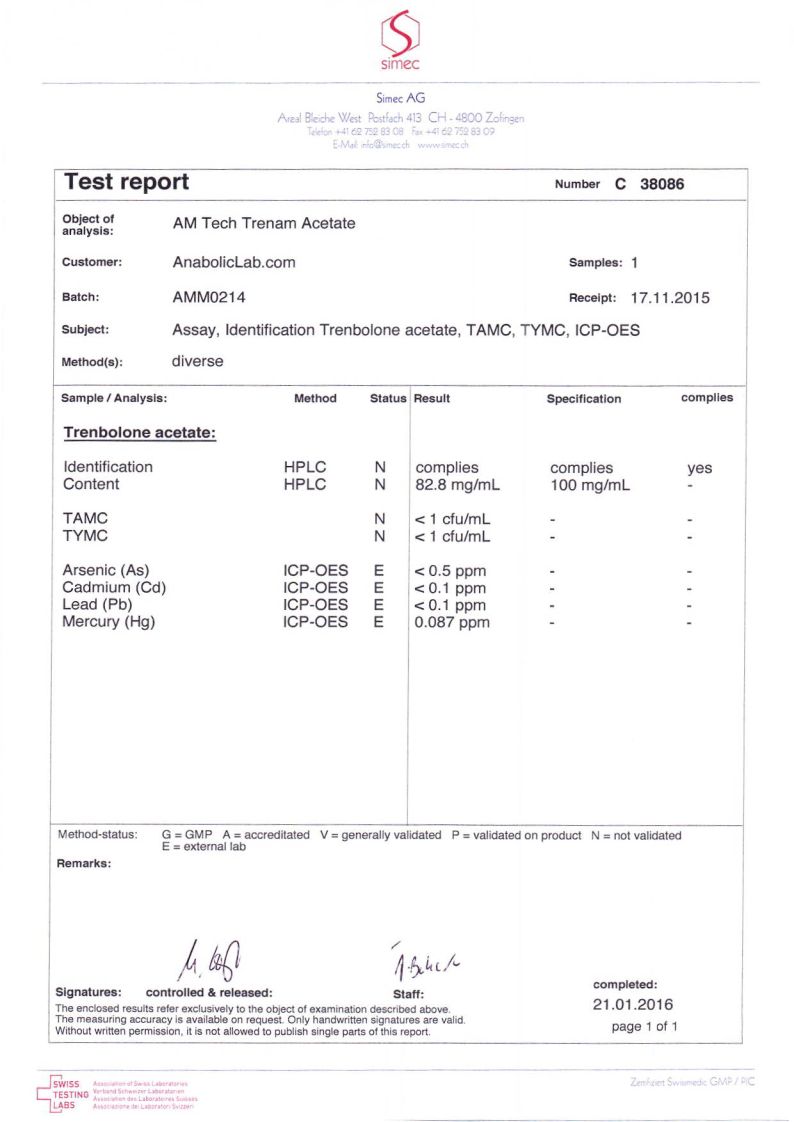 AM Tech Pharma Trenam Acetate lab report (January 21, 2016)