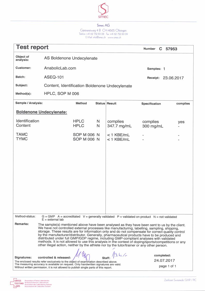 Anabolic Solutions (AS Labs) Boldenone Undecylenate Equipoise lab report