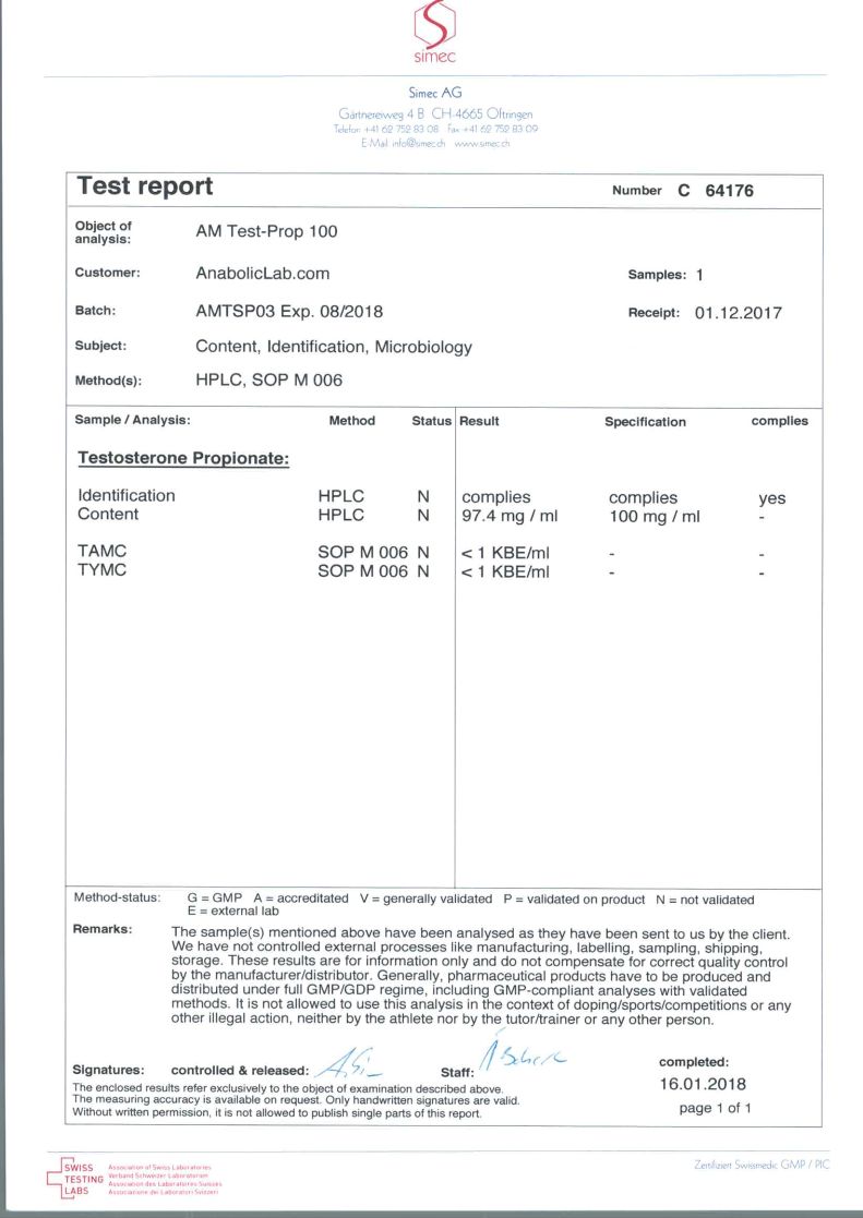 Andromedica Test-Prop 100 lab report (January 16, 2018)