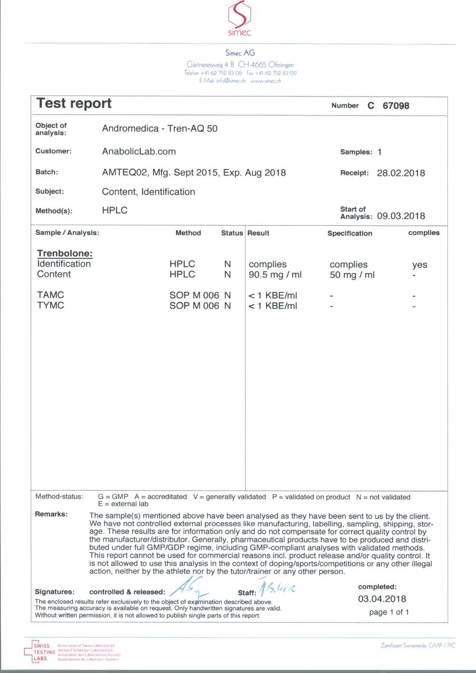 Andromedica Tren-AQ 50 lab report (April 3, 2018)