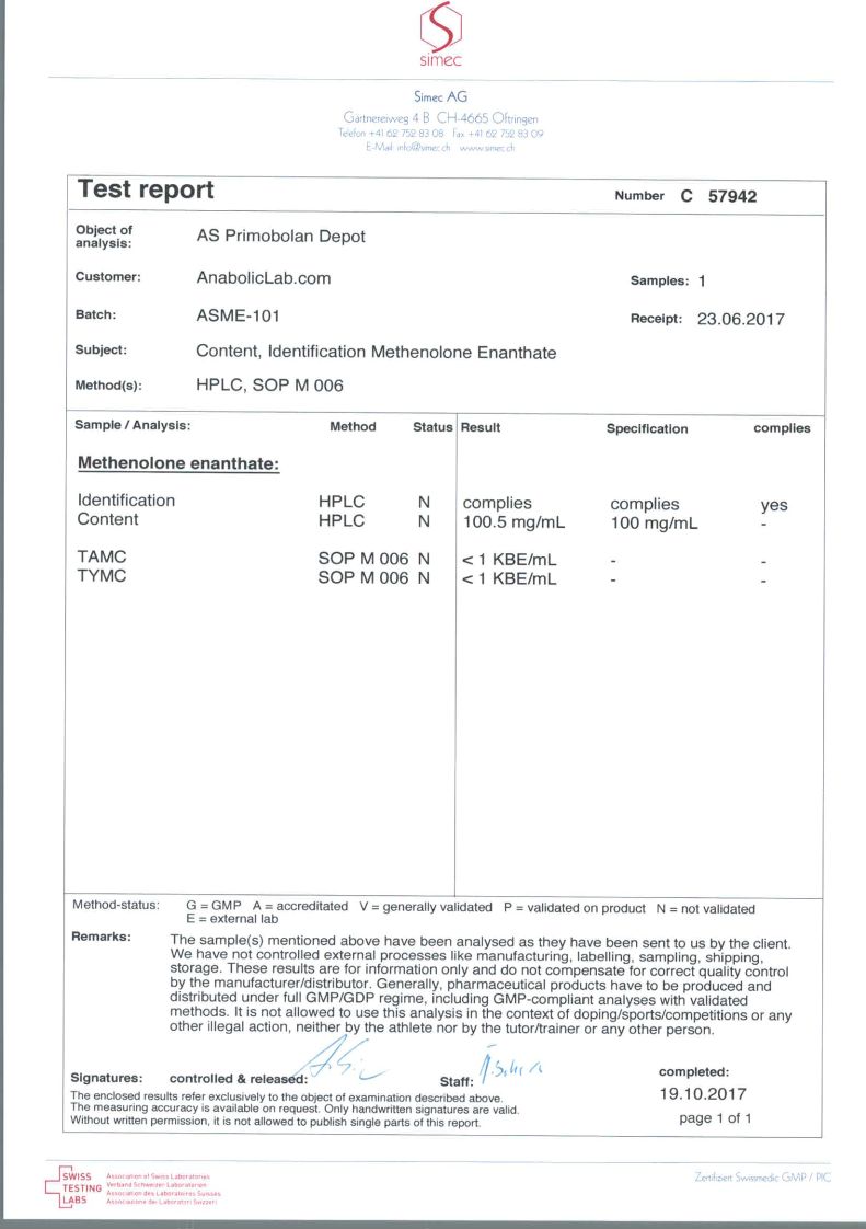 AS Labs Primobolan Depot lab report (October 19, 2017)