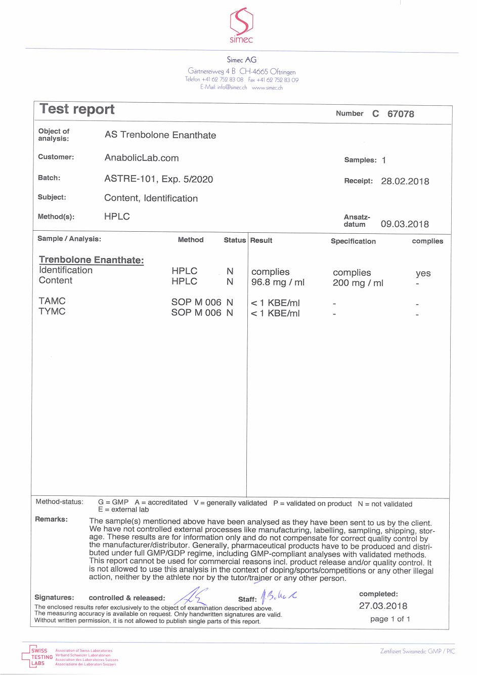 AS Labs Trenbolone Enanthate lab report (March 27, 2018)