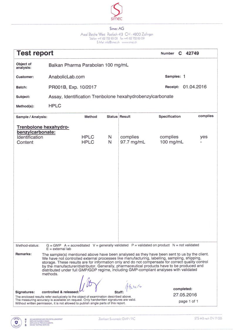 Balkan Pharma Parabolan lab report (May 27, 2016)