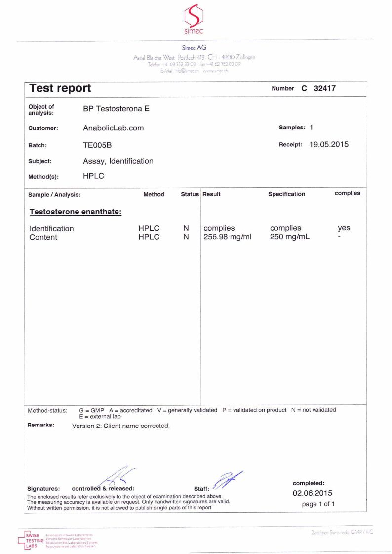 Balkan Pharma Testosterona E lab report (June 2, 2015)