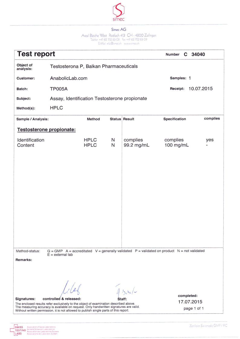 Balkan Pharma Testosterona P lab report (July 17, 2015)