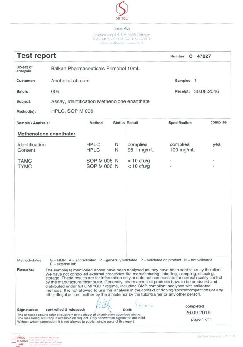 Balkan Pharmaceuticals Primobol 10ml lab report (September 26, 2016)