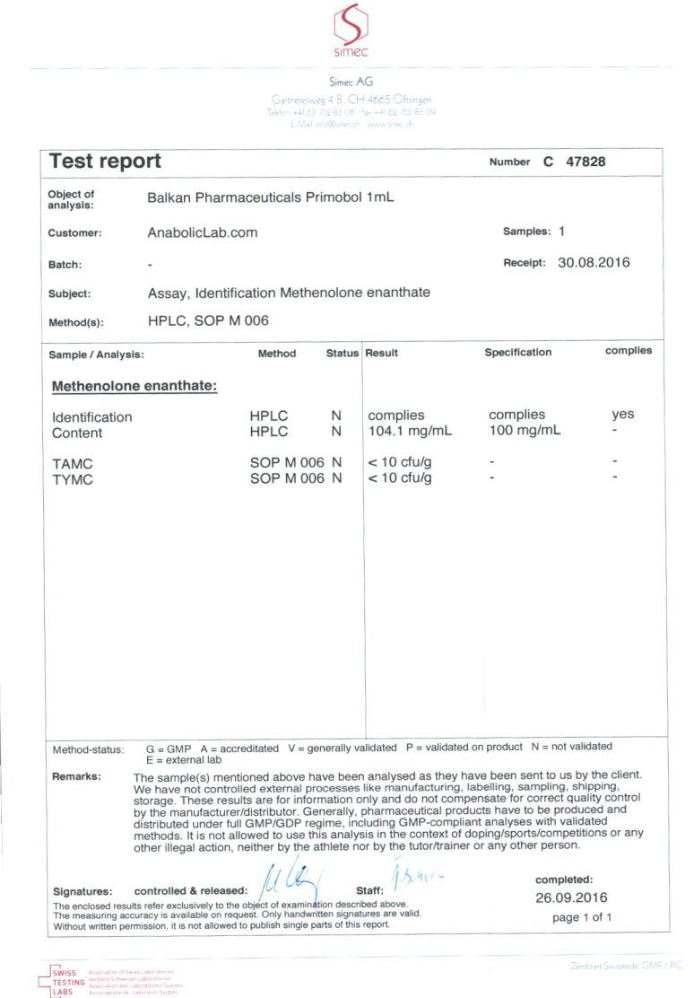 Balkan Pharmaceuticals Primobol 1ml Ampule Lab Report (September 26, 2016)