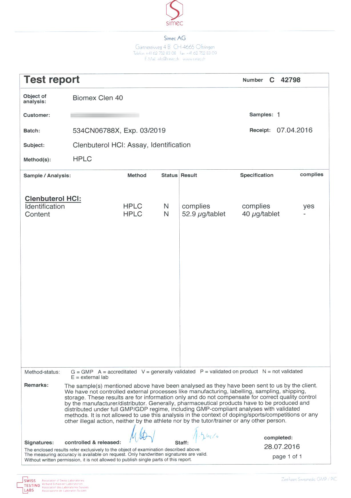 Biomex Clen 40, July 28, 2016 (Batch 534CN06788X)