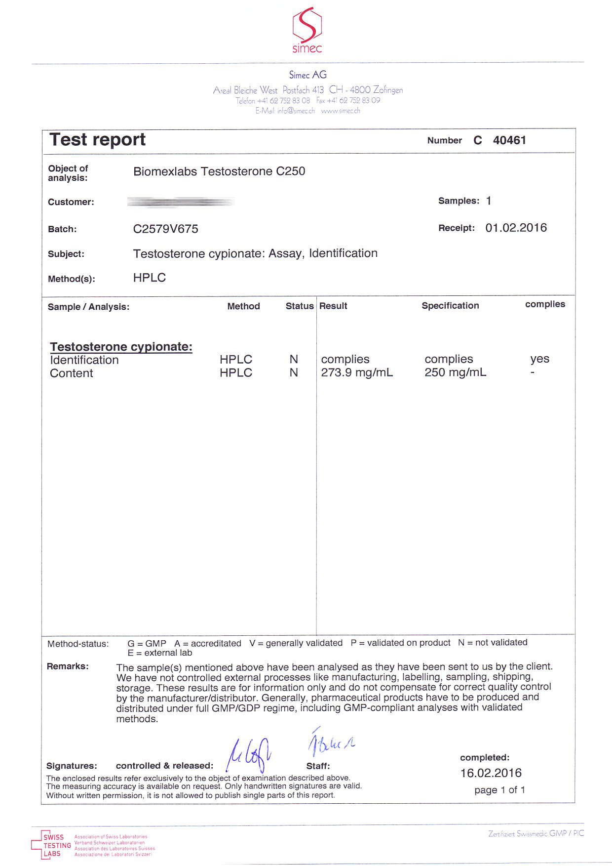 Biomex Labs Testosterone C250 (Batch C2579V675)