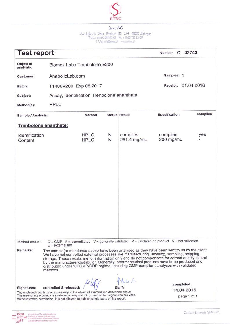 Biomex Labs Trenbolone E200 lab report (April 14, 2016)