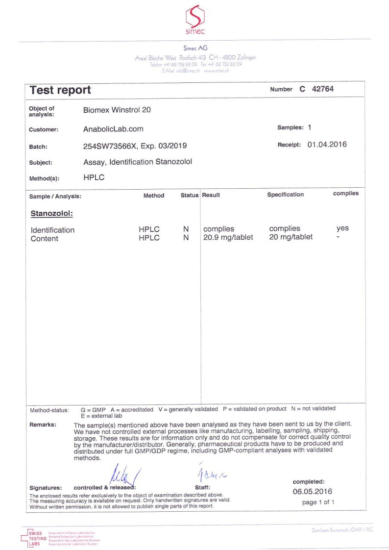 Biomex Labs Winstrol 20 lab report (May 6, 2016)