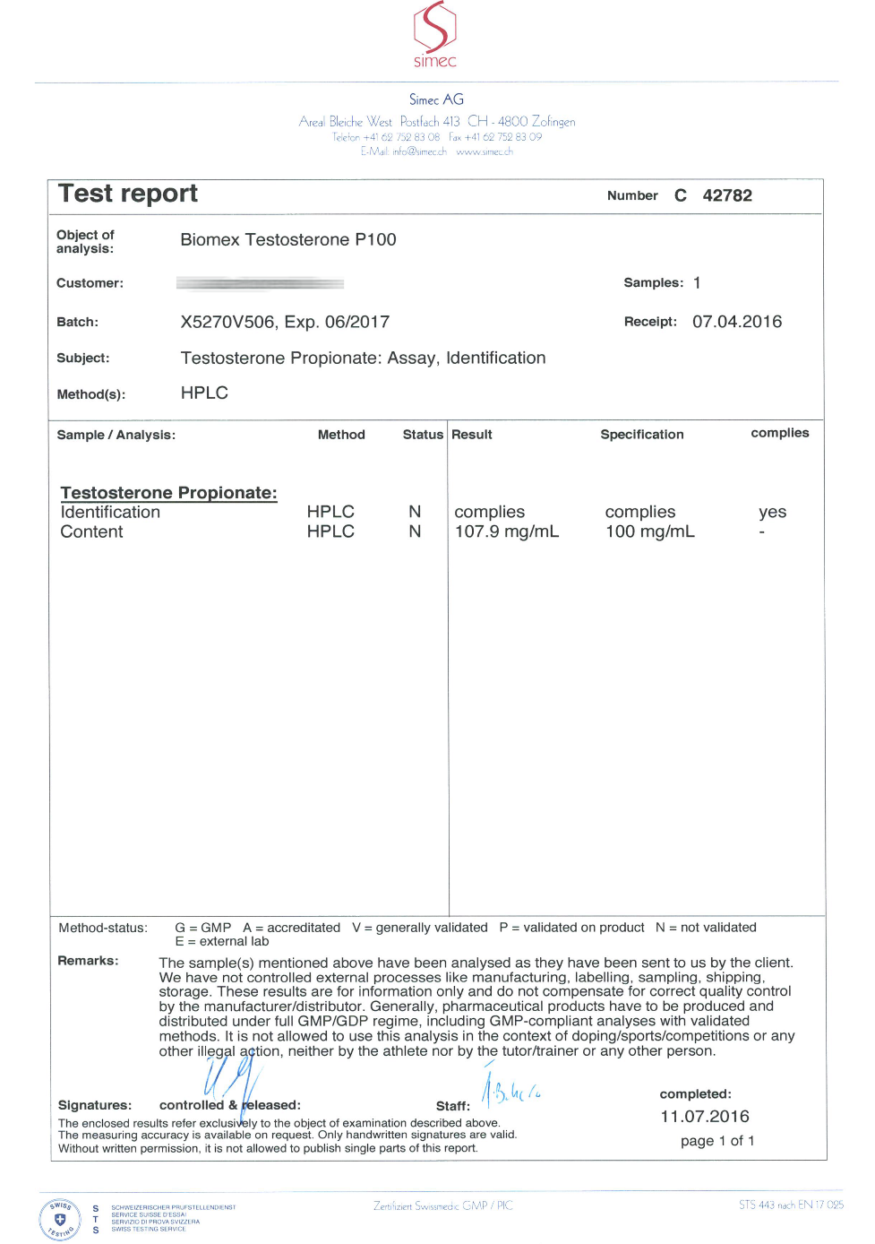 Biomex Test P100 (Batch X5270V506)